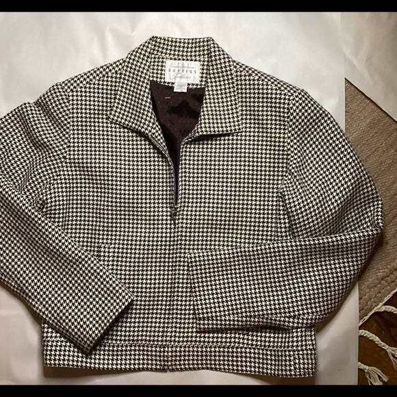 EXPRESS TAILLEUR BROWN HOUNDSTOOTH LINED CROPPED ZIP JACKET SZ. 7/8 - Picture 3 of 9